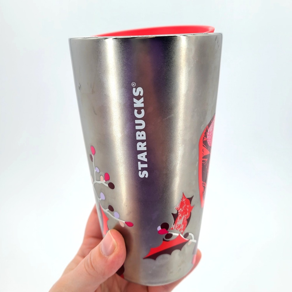 Starbucks Holiday 2023 Metallic Silver & Red Holly Stainless Steel Tumbler 12oz